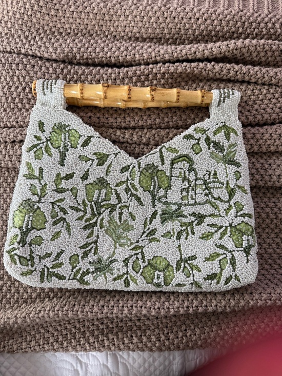 Handbags - White Beaded Shoulder Bag with Green Floral Embroidery and Bamboo Handle